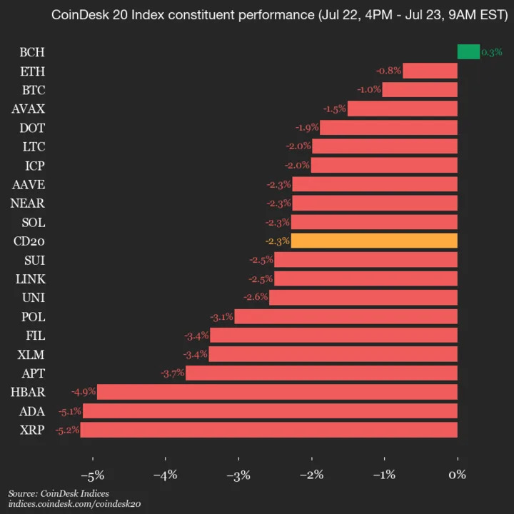 CoinDesk 20 Performance Update: Ripple (XRP) Drops 5.2%, Leading Index Lower